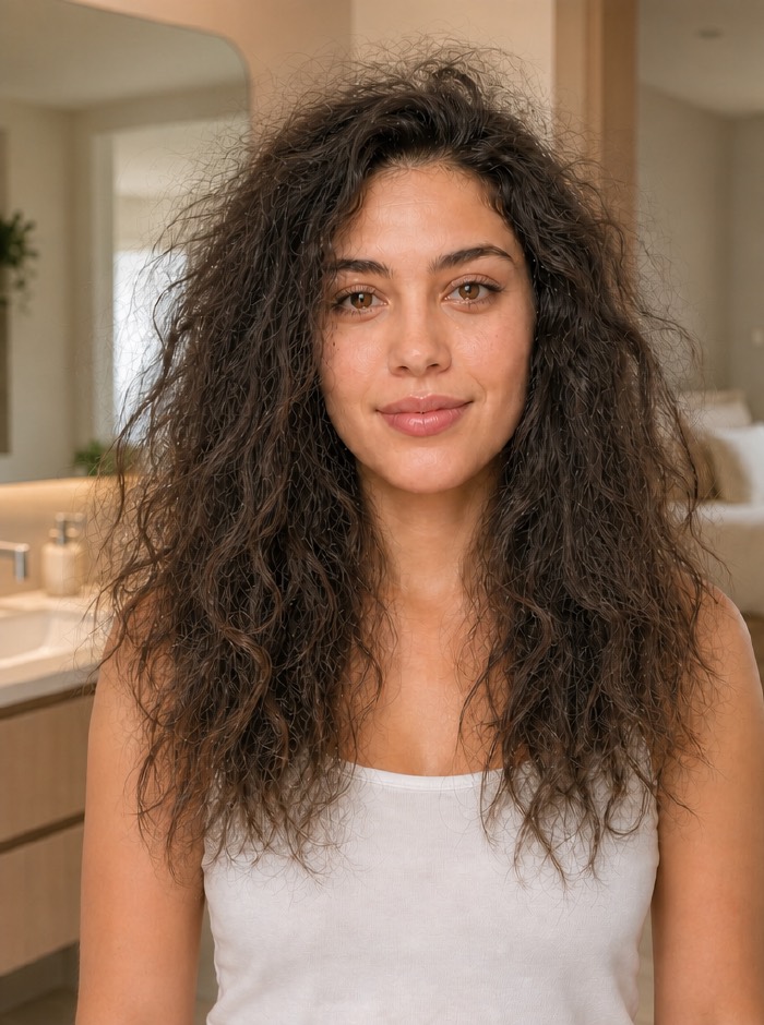 La misma persona antes, con el pelo encrespado y sin definición