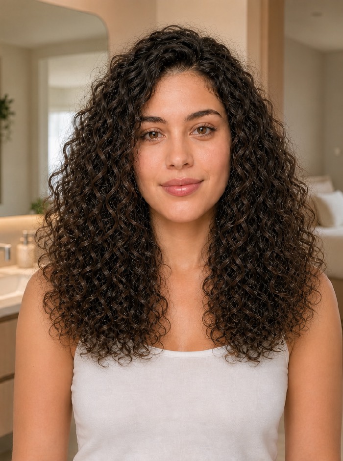 La misma persona con los rulos definidos después de aplicar el Método Curly